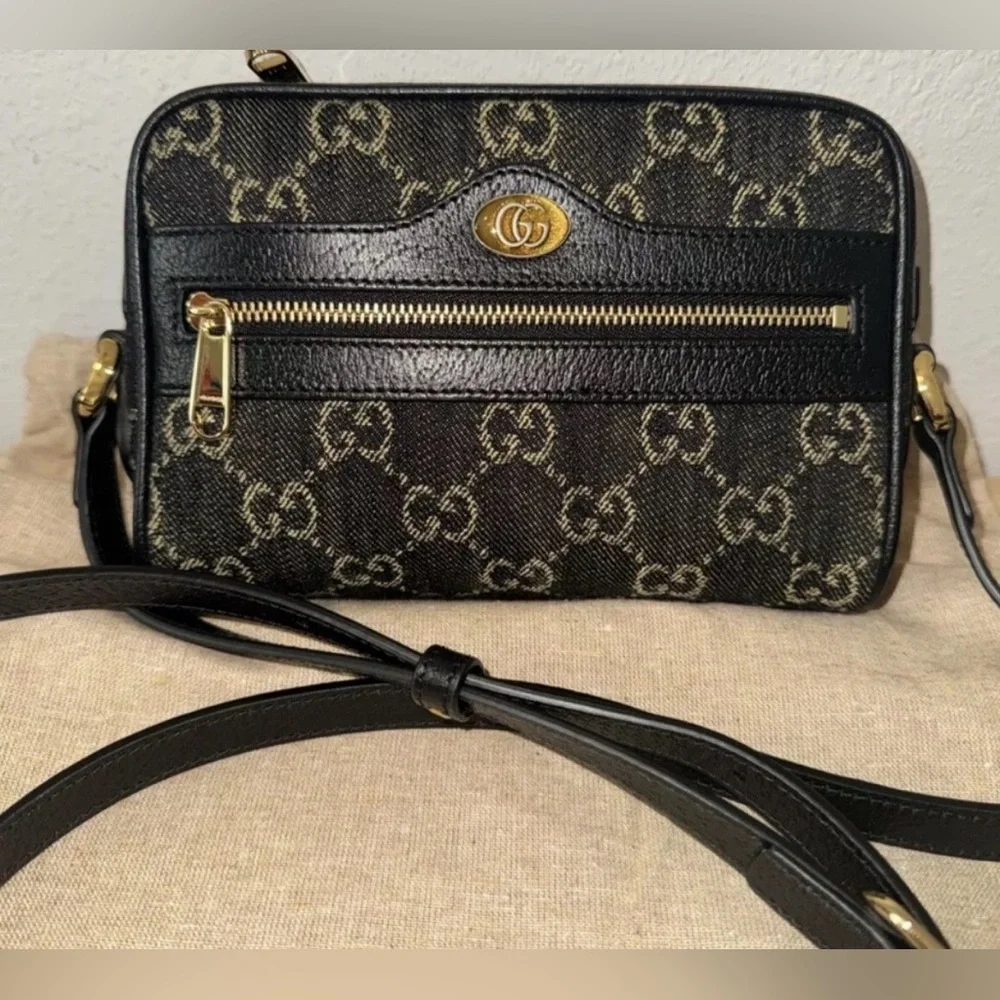 SOLD Gucci Jacquard Black Denim GG Monogram Textured Calfskin Mini Ophidia Bag - Picture 1 of 8